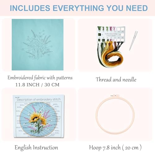 Silentsea Embroidery Kit – Sunny Sunflowers with Delicate Purple and White Floral Accents, Perfect for Beginners and Craft Lovers