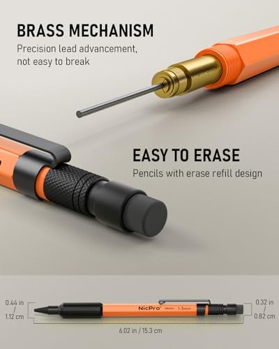 Nicpro 3 PCS 1.3 mm Mechanical Pencils Set with 66 Lead Refill, 3 Eraser