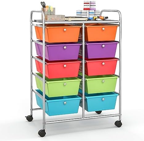 Giantex 10 Drawers Rolling Cart, Classroom Organizers, Storage Cart with Wheels, for Teacher Office Home School Supplies Tool Craft Art Paper, Rainbow Color