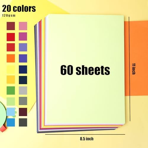 Koogel 60 Sheets Construction Paper, Colored Paper for Kids, Back to School Supplies, Classroom Must Haves, 20 Assorted Colors, 120gsm/ 32lb, 8.5 x 11 (Pack of 2)