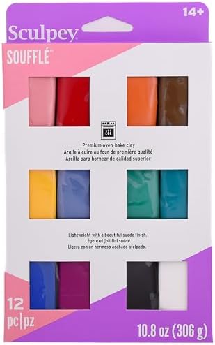 Polyform Sculpey Soufflé Polymer Oven-Bake Clay, 12 color set, Non Toxic, 10.8 oz., Great for jewelry making, holiday, DIY, mixed media and more! Premium light-weight oven bake clay. | Lightweight Oven Bake Clay with Suede Finish, Flexible & Crack-Resi...