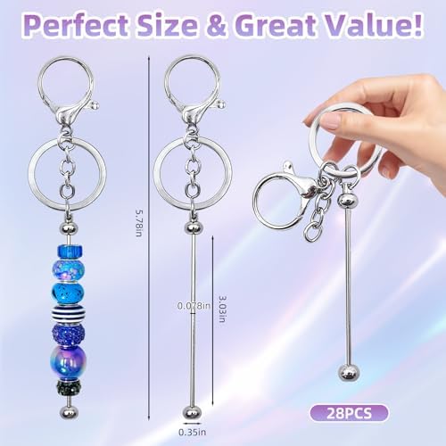 28 Pcs Beadable Keychain Bars - Keychain Making Kit Bulk - Metal Beaded Keychains for Crafting - Diy Key Chain Supplies - Blank Keychains Bars for Beads - Beadable Items (Silver)