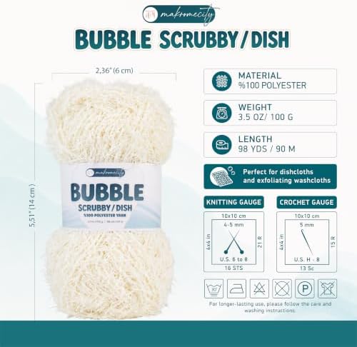 Makromecity Bubble Scrubby Yarn - 100% Premium Polyester Yarn for Crocheting and Knitting - 3.5 Oz (100g), 98 Yds (90m) - Ideal for Dishcloths, Crafting & Bath Washcloths (Ecru, 3 Skeins)