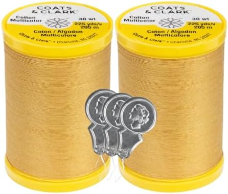 Coats & Clark Cotton All Purpose Sewing Thread 100% Mercerized Cotton 225 Yards Each Spool S970 2 Pack Bundle with 3 Bella's Crafts Needle Threaders (Temple Gold)