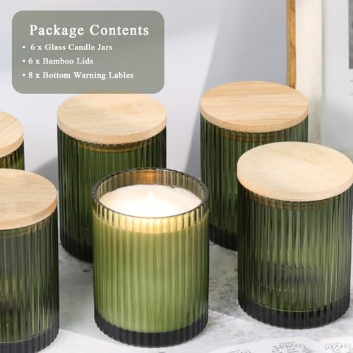 14OZ Olive Green Glass Candle Jars for Making Candles, 6 Pack - Empty Candle Jars Bulk with Bamboo Lids and Accessories, Ribbed Candle Vessels Containers for Candle Making