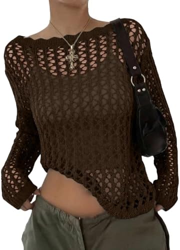 EVALESS Crochet Tops for Women Long Sleeve Hollow Out Knit Sweaters