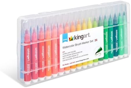 KINGART Brush Tip Watercolor Illustration Markers with Case, 36 Colors, Wide Barrel for Easy Hold, Water-based Non-Toxic Ink, Soft Flexible Tip for Graphic, Sketch, Comic Art, Manga & Lettering
