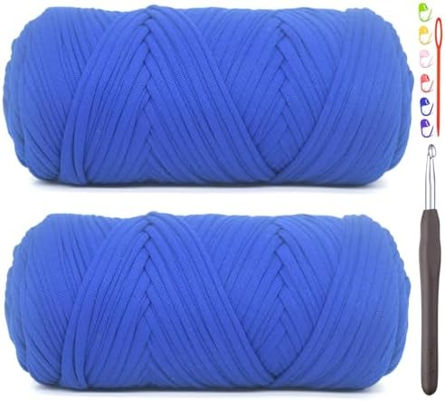 2 Pack Tshirt Yarn for Crocheting,Royal Blue T Shirt Chunky Elastic Fabric Thick T-Shirt Crochet Yarn for Beginners Crocheting Hand Knitting Bag/Basket/Coasters/DIY Crafts/Home Decor 2 * 200G