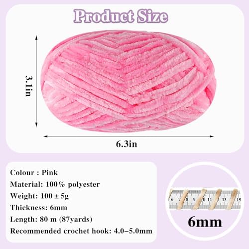 4 PCS 400g Soft Chenille Velvet Yarn for Crocheting,Fluffy Warm Yarn for Knitting and Crochet DIY Craft Blanket Bag Hat Scarve Clothe Gloves Slippers Doll (Pink)