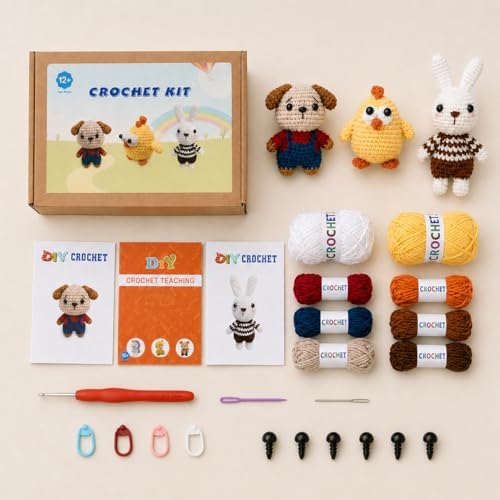 Xanlon Crochet Kit for Beginners,3pcs Animals Knitting Beginner Starter Kit