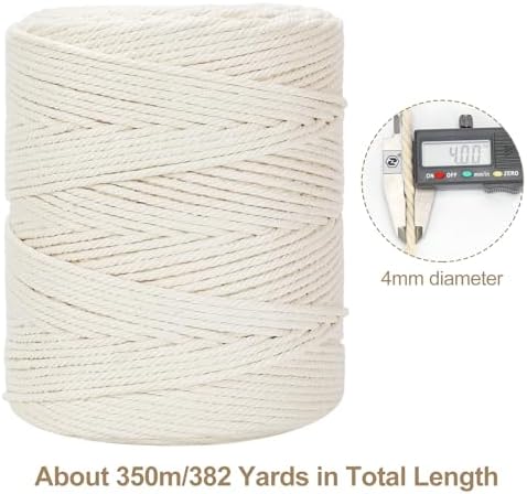 Macrame Cord 4mm x 380Yards (1140Feet), Natural Cotton Macrame Rope - 4 Strands Twisted Macrame Cotton Cord for Wall Hanging, Plant Hangers, Crafts, Gift Wrapping and Wedding Decorations, Bluish Green