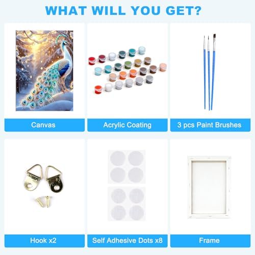 SENQAO Christmas Paint by Numbers for Adults Beginners Framed, Peacock Adults' Paint-by-Number Kits, Adult Paint by Number Kits on Canvas, Acrylic Number Painting for Home Decor, 8x12inch