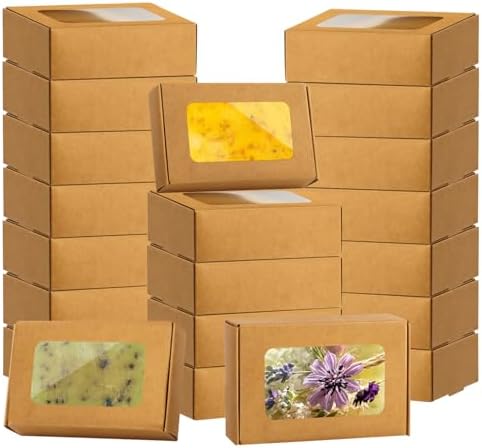 RYKOMO 40 PCS Soap Boxes for Homemade 3.55 x 2.4 x 1.2 Inch Small Soap Paper Box Mini Kraft Treat Box with Window for Homemade Soap Packaging Boxes Supplies