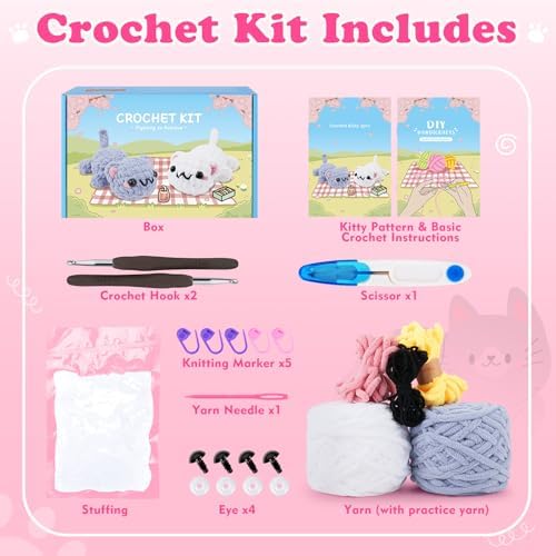 2PCS Kitty Crochet Kit for Beginners Cats Crochet Starter Kit for Adults