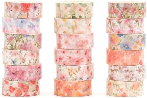 18 Rolls Blossom Washi Tape Set Floral Arts Adhesive Tapes Flowers Garden Decorative Masking Tape Sets for Craft, Kids, Scrapbook, DIY, Gift Wrapping (Blossom Festival)