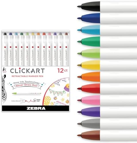 Zebra Pen CLiCKART No Bleed Felt Tip Pen, Assorted Ink, 0.6mm, 12-Pack