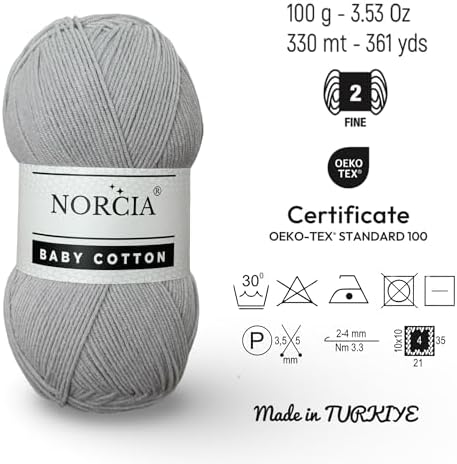 Baby Cotton, 55% Cotton 45% Acrylic Yarn, Fine/Sport (2) for Crochet and Knitting, Soft Amigurumi Yarn, 100 gr (361 yds)