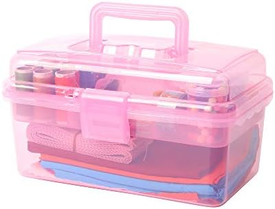 Multipurpose Plastic Storage Container Organizer Box Case with Removable Tray and Handle for Art, Craft, Sewing Supplies, Clear&Pink