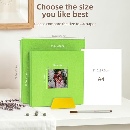 Popotop Photo Album Self Adhesive with Picture Display Window,40 Pages DIY Scrapbooking Supplies Kit for 4x6 8x10 Picture,Linen Cover Memory Book for Baby Wedding, with Scraper and Metallic Pen