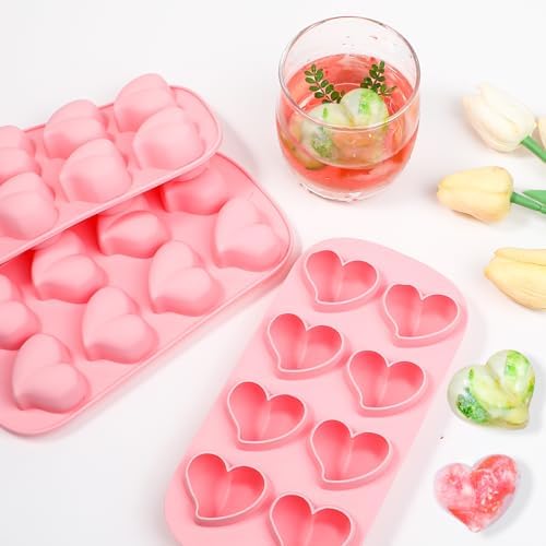 Webake Heart Shpaed Ice Cube Trays, 8-Cavity Heart Silicone Molds for Whiskey, Cocktail, Chocolate, Ice Cubes, Candy with Fun Shapes (Pack of 3)