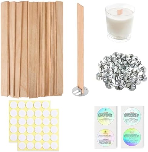 200 Pcs Thicked Wood Candle Wicks for Candle Making, 5.1 X 0.51X 0.06 Inch Upgrade Wood Wicks, Wooden Wicks Box Includes Iron Stander, Glue Dot, and Warning Labels (50 Sets)