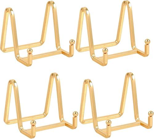Plate Holder Easel Display Stand - 3 inch Metal Plate Stands for Display - Tabletop Picture Stand - Gold Iron Easels for Display Pictures | Photo Frames | Book | Decorative Plates | Plaque - 4 Pack