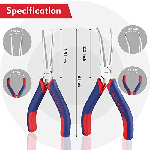 WORKPRO 2-Piece 6" Mini Needle Nose Pliers Set(Smooth Jaw), Long Nose Pliers, Bent Nose Pliers with Comfort Grip Handles, Jewelry Plier For Wire Wrapping, Handmade Craft, Jewelry Making, 6" 2PCS