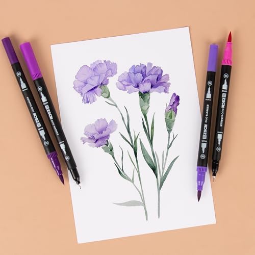 ZSCM QUALITY DECIDES THE FUTURE Purple Duo Tip Marker Pens, 12 Fine & Brush Tip Pen For Adult Coloring Books