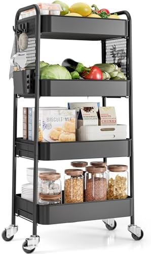 TOOLF 4 Tier Rolling Cart, Metal Utility Storage Cart with Pegboard, Black | 2 Bins & 4 Hooks, Screwless Assembly, Lockable Wheels, Trolley Organizer for Bathroom, Kitchen, Office, Dorm, Craft Room