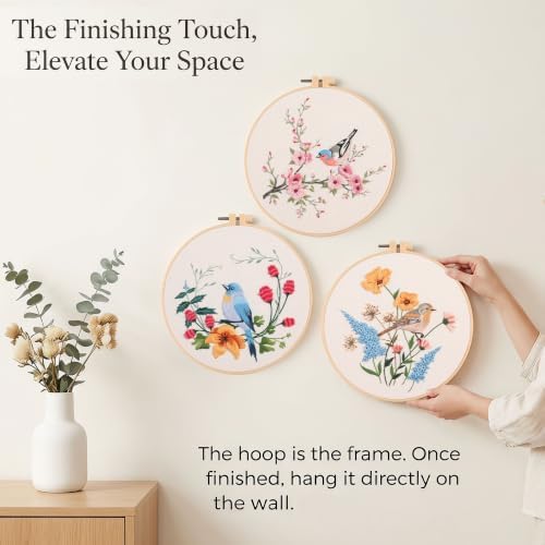 Harimau Beginner Adult Embroidery Kit, All-in-One Starter Pack with 3 Patterns, 3 Hoops, Scissors, Needles, Instruction Manual & Stitching Video Guides