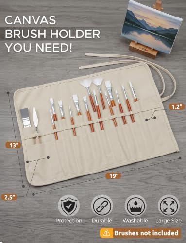 30-Slot Roll-Up Canvas Brush Holder, Washable Paint Brush Case, Beige