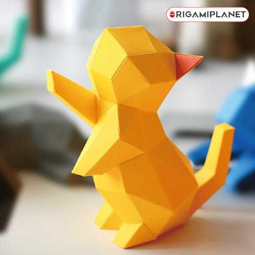 ORIGAMIPLANET 3D Origami Paper Craft Kit, Starpaw Kitten Cute DIY Pre-Cut Animal Papercraft Model for Beginners, Fun Handmade Home Decoration Gift for Adults & Teens-Yellow