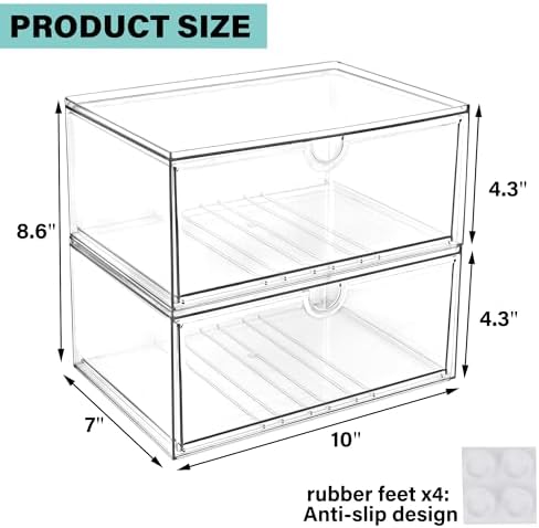 Prsildan Acrylic Makeup Organizer, 2 Pack Stackable Clear Storage Drawers for Baby Bottles Desk Organizers with 2 Drawers for Countertop Vanity Nursery Modular System for Cosmetics Jewelry