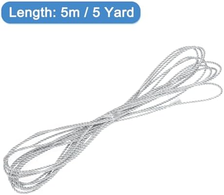 MECCANIXITY Twisted Cord Trim, 5 Yard 2mm 3-Ply Twine Braided Rope Shiny Thread String for Craft Gift Bag Curtain Christmas Decor, Silver - 5m