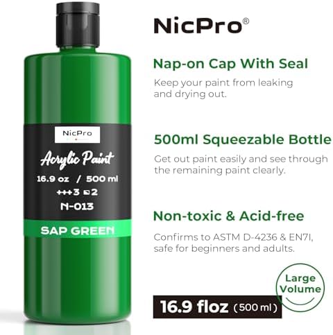 Nicpro Sap Green Large Acrylic Paint (16.9 oz, 500 ml), Rich Pigments | Non Toxic Craft Paint for Multi Surface, Canvas, Wood, Fabric, Stone - Art Painting Supplies for Beginners, Artists & Adults