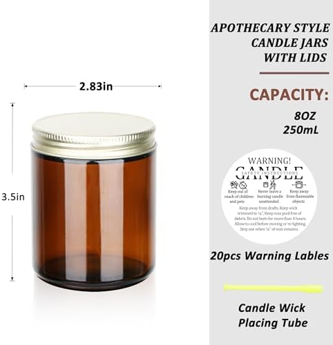MILIVIXAY 20 Pack 8 OZ Thick Glass Dark Amber Candle Jars with Golden Lids-Bulk Empty Candle Jars for Making Candles-Canning Jar for Spice, Liquid, Sample- Dishwasher Safe.