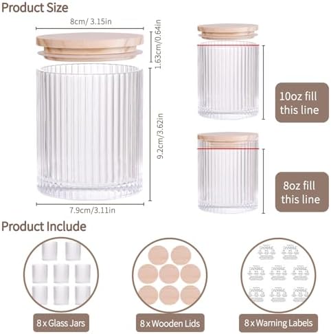 Clear Candle Jars with Lids, 8-Pack 12oz Ribbed Glass Candle Containers