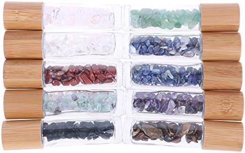 5 Pack 10ml Clear Roll On Bottles With Natural Chakra Crystal Chips for Essential Oils,Perfume Glass Roller Bottles Container Bamboo Lid,Crystal Roller,Pipette&Opener Included (Tiger Eye)