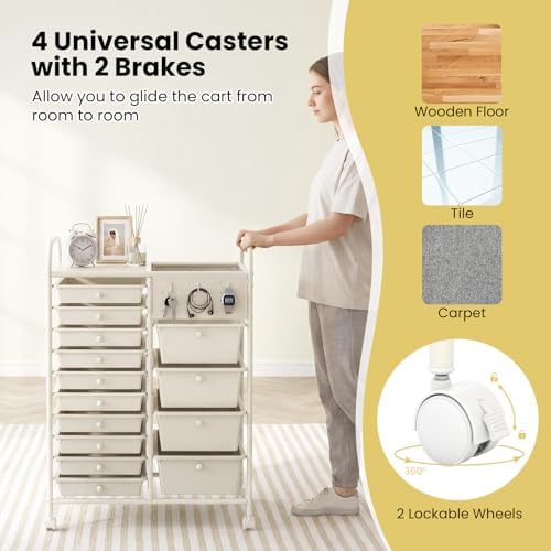 GOFLAME 14-Drawer Rolling Storage Cart with Pegboard, Craft Storage Cart with Lockable Wheels and Metal Frame, Multifunctional Art Cart Supply Storage Organizer for Home Office Classroom, White