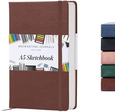 BROWNSTONE JOURNALS A5 Sketch Book Hardcover - 80 Sheets 100 GSM Paper | 5" x 8", Lay Flat, Vegan Leather Cover, Elastic Band, Back Pocket, Compact Art Drawing Book for Adults & Students