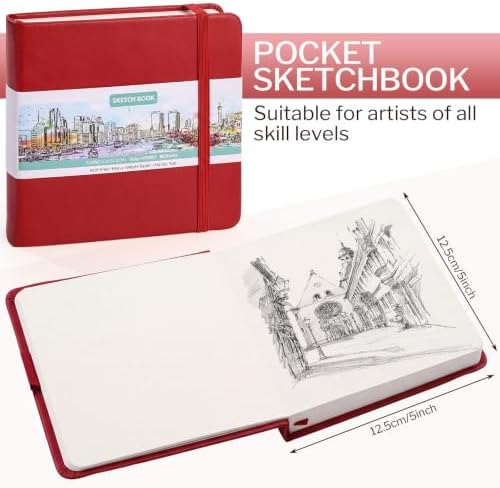 Hardcover Pocket Sketchbook, 5" × 5", 80 Sheets Small Sketch Book, Red