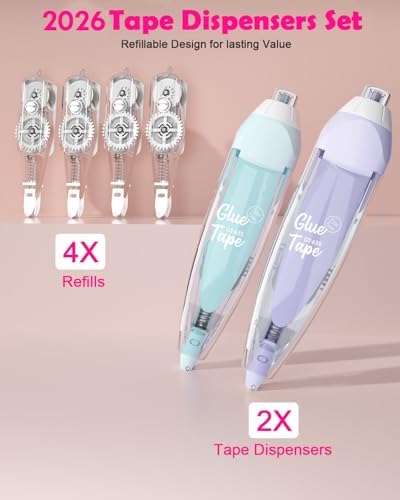 2026 Retractable Double Sided Tape Roller for Crafts, 2 Pcs Glue Tape for Scrapbooking with 4 Extra Refills,16FT Scrapbook Tape Runner, Tape for Art School Office Supplies Purple & Green
