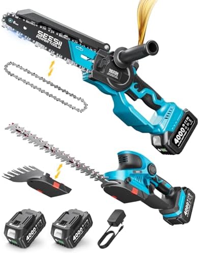 SEESII 3 in 1 Cordless Mini Chainsaw & Hedge Trimmer, Grass Shear Combo | 8 Inch Electric Chain saw Brushless,2x 4000mAh Batteries,Handheld Trimmer, Ergonomic Yard Garden Tool Set for Trimming