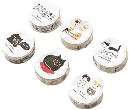 OUDEKE Cute Cartoon Cat Tapes 6Rolls 0.59'' x 16.4ft Washi Tapes for Scrapbooking DIY Journals Decorations, Reusable Washi Cats Tapes for Notebooks Phone Case Decorations
