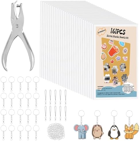 161 Pcs Shrink Paper Keychain Kit,30 Shrink Plastic Sheets for Kids
