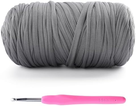 Tshirt Yarn for Crochet - 400 g/130 yds T Shirt Yarn for Crocheting Bags/Baskets/Home Decor - Soft Elastic Fabric T-Shirt Yarn with 1 Crochet Hook (1, Light Grey)