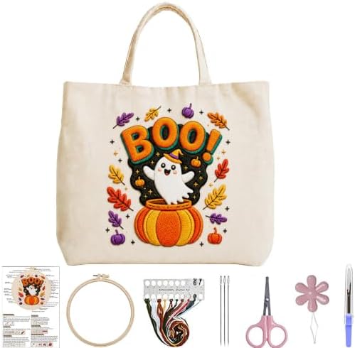 ARTopet Embroidery Tote Bag Kit for Beginners Halloween Canvas Cross Stitch Handbag with Hoops Needles Threads Reusable Grocery Bag for Women-Ghost Pumpkin