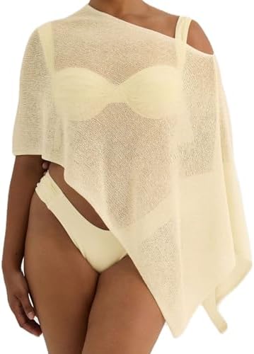 Nicoxijia Women Y2K Sheer Knit Poncho Top Lightweight Summer Beach Knit Shrug Shawl Bolero Off Shoulder Mesh Sweater Cover Up