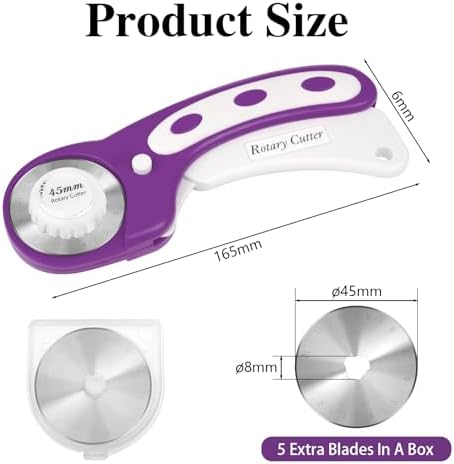 45mm Rotary Cutter for Fabric with 5 Extra Blades, Roller, with Safety Lock