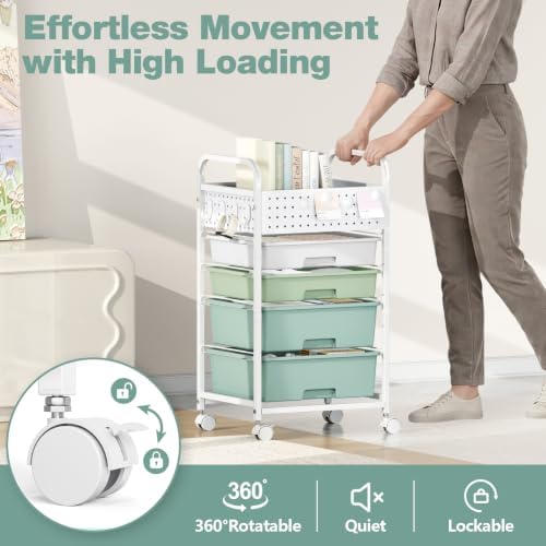 4 Drawer Rolling Storage Cart with Pegboard Top and Hooks, Gradient Green